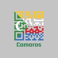 QR code set the color of Comoros flag. Four horizontal stripes of yellow white red and blue with a green chevron with a white