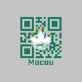 QR code set the color of Macau flag. green with a lotus and stylised Governor Nobre de Carvalho Bridge and water in white, and