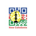 QR code set the color of New Caledonia flag. blue red and green with a yellow disc fibrated black and defaced with a vertical Royalty Free Stock Photo