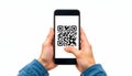 QR code smartphone hand scan payment mobile screen touch app digital quick access modern utility clean white background secure Royalty Free Stock Photo