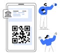 Digital QR Code Payment Concept with People Interacting and Banking Icon Royalty Free Stock Photo