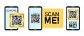 QR code on smartphone screen with scan me text. Qr code for payment, e-wallet, web, mobile app. UI UX design element. Barcode scan Royalty Free Stock Photo