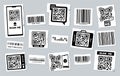QR code stickers. Barcode labels with product information or link, scanner frame of price tag graphic elements, scanning