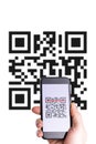 Qr code technology. Hand holding mobile smartphone screen for payment, online pay, scan barcode technology with qr code Royalty Free Stock Photo