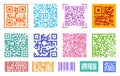 Qr codes. Barcode, coding digital elements for screen. Mobile health id elements. Personal barcodes for scanning in mall
