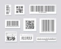 QR codes and barcode labels. Supermarket scan code bars, industrial barcode labels. Barcode label for scan, bar code sticker,