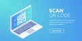 QR link on website horizontal banner. QR code on laptop screen. 3d web barcode concept, Online QR pay, verification, authorization