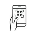 QR scan smartphone icon in line design. QR scan, barcode scan, smartphone scanner, mobile code reader, scan tool, scanning app Royalty Free Stock Photo