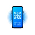 QR scanner. Read bar code, mobility, generating app, coding. Mobile scans QR code. Flat style trend modern design vector Royalty Free Stock Photo