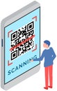 QR wireless payment. Man stands with smartphone and scanning barcode with mobile application