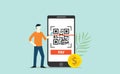 Qrcode online payment technology scan with business man standing side of big smartphone with gold coin money
