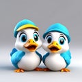 Quacktastic Duo: A Cute 3D Render of Two Ducks on a White Background, Designed to Look Adorable and Charming like a Cartoon