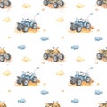 Watercolor seamless pattern with quad bike, clouds, on sand, mud, childish print on white background Royalty Free Stock Photo