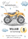 Watercolor premade card with quad bike, offroad adventure, boy birthday invitation