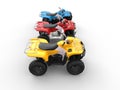 Quad bikes in primary colors - red, blue and yellow