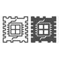 Quad core processor chip line and solid icon, neural dataset concept. Vector graphics. Processor with four cores