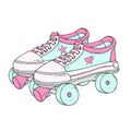 Quad roller skates on white background. Retro laced boots, colorful vector illustration.