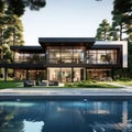Large House With Pool in Front. Generative AI. Royalty Free Stock Photo