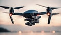 Quadcopter drone. Air drone. Quadcopter with digital camera. Flying aerial remote controlled drone. AI generated