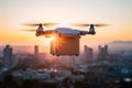 Quadcopter drone with cardboard box flying over city at sunset Royalty Free Stock Photo