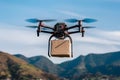 Quadcopter drone carrying blank package in the air, UAV technology