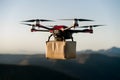 Quadcopter drone carrying blank package in the air, UAV technology