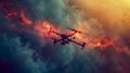 Quadcopter Drone Flying Amidst Fiery Red Clouds And Turquoise Mist With Illuminated Red Lights