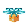 Quadcopter icon. Remote air drone with parcel. Modern delivery of the package by flying quadcopter. Flat style concept. Royalty Free Stock Photo