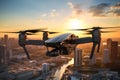 Quadcopter soaring high above an urban skyline, capturing breathtaking aerial views. Drone. Cityscape, sunset Urban