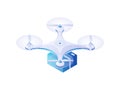 Quadrocopter carrying parcel isometric vector. Modern white drone flies with blue docked box.