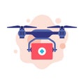 Quadrocopter Delivering Medicine, Drone Pharmacy Delivery Flat Style Vector Illustration on White Background