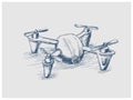 Quadrocopter drone hand drawn blue sketch vector