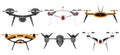 Quadrocopter drones. Air drones hovering. Aerial vehicle. Unmanned aircrafts. Set of modern air gadjet, quadrocopters on