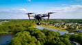 quadrocopter in flight, close-up of quadrocopter in the air, drone in action, clos-up of drone with camera