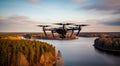 quadrocopter in flight, close-up of quadrocopter in the air, drone in action, clos-up of drone with camera