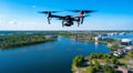 quadrocopter in flight, close-up of quadrocopter in the air, drone in action, clos-up of drone with camera