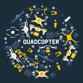 Quadrocopters round pattern air drones, and remote control drones wireless flight aerial robot vector illustration. Fly Royalty Free Stock Photo