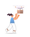 quadrotor delivering cardboard box to woman automated drone delivery service concept