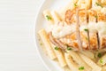 Quadrotto penne pasta white creamy sauce with grilled chicken Royalty Free Stock Photo