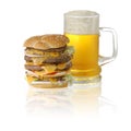 Quadruple cheeseburger and beer