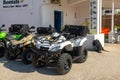 Quads and cars parked in row on outdoor parking, Folegandros Island, Greece