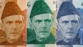 The Quaid-e-Azam Muhammad Ali Jinnah portrait in Mustard, rich deep green and dark blue colors from 5000, 500 and 1000 rupees bank Royalty Free Stock Photo