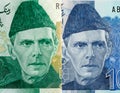 The Quaid-e-Azam Muhammad Ali Jinnah portrait in rich deep green and dark blue colors from 500 and 1000 rupees bank notes Royalty Free Stock Photo