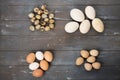 Quail, chicken, goose and guinea fowl eggs of different sizes and colors.