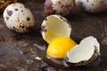 Quail egg broken on rustic table Royalty Free Stock Photo