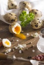 Quail egg arranged on wooden table with salt and pepper parsley sprig