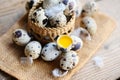 quail eggs on basket, fresh quail eggs on wooden table background, raw eggs with peel egg shell Royalty Free Stock Photo