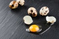 Quail eggs on black stone background, broken, cracked quail egg, yolk of quail egg. Royalty Free Stock Photo