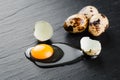 Quail eggs on black stone background, broken, cracked quail egg, yolk of quail egg. Royalty Free Stock Photo