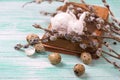 Quail eggs, decorative Easter bunny, old book and willow branch Royalty Free Stock Photo